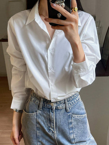 DAZY Women's Striped Loose Business Casual Long Sleeve Shirt