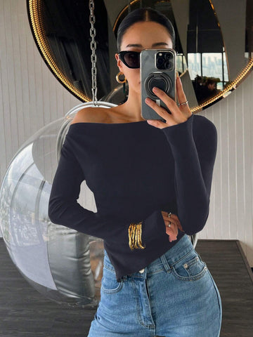 Women's Slim Asymmetrical Neck Solid Color Long Sleeve Casual T-Shirt