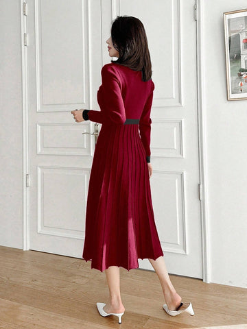 DAZY Color Block Crew Neck Midi Knitted Sweater Dress