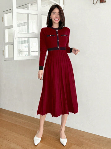 DAZY Color Block Crew Neck Midi Knitted Sweater Dress