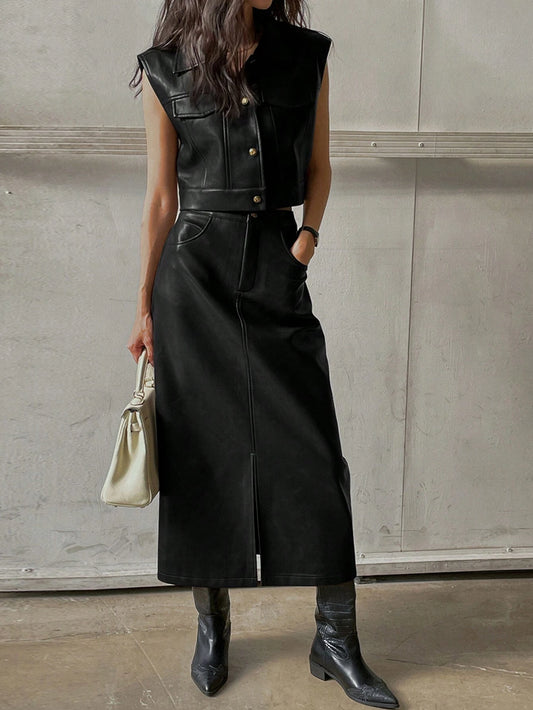 Women Front Button Pocket Blouse And PU Skirt