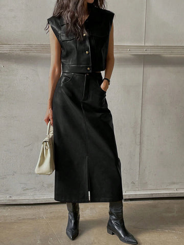 Women Front Button Pocket Blouse And PU Skirt