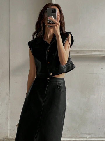 Women Front Button Pocket Blouse And PU Skirt