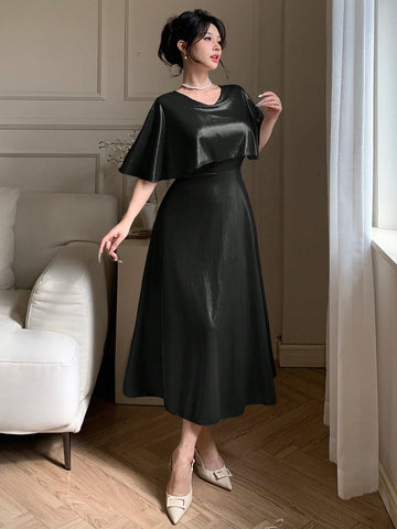 DAZY Elegant Solid Color V-Neck Mid-Length Dress