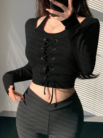 Women Spring Design Sense Cross Strap Tight Crop Top With Long Sleeve And Hollow Out Stripes