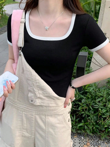DAZY Casual Simple Contrast Trim Round Neck Short Sleeve T-Shirt