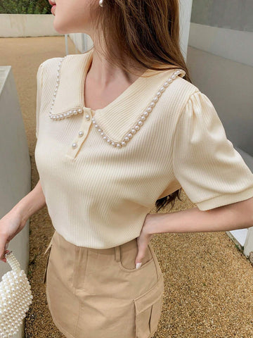 DAZY Women's Faux Pearl Edge POLO Collar Short Sleeve Casual T-Shirt