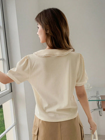 DAZY Women's Faux Pearl Edge POLO Collar Short Sleeve Casual T-Shirt