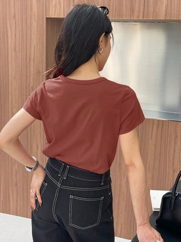 DAZY Solid Color Embroidered Heart Short Sleeve T-Shirt