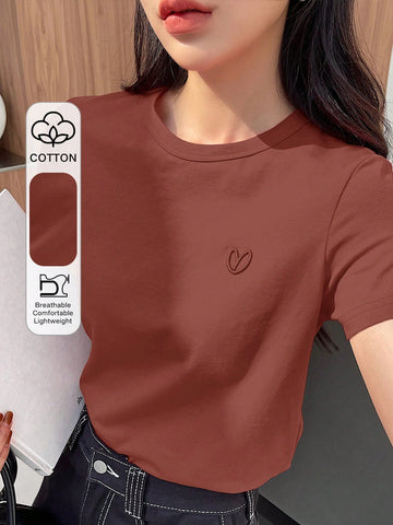 DAZY Solid Color Embroidered Heart Short Sleeve T-Shirt