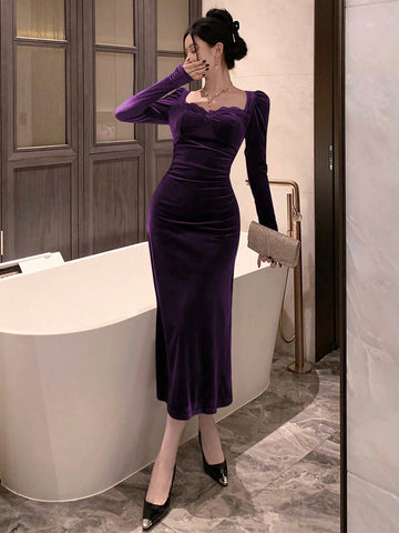 Women's Solid Color Contrast Lace Sweetheart Neck Puff Sleeve Elegant Dress