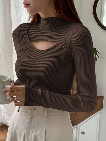 DAZY Cut Out Mock Neck Ribbed Knit Sweater,Long Sleeve Tops