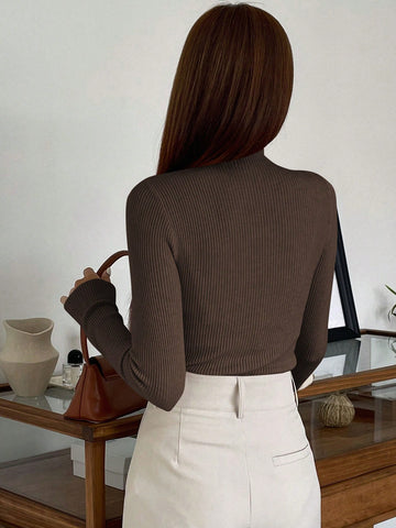 DAZY Cut Out Mock Neck Ribbed Knit Sweater,Long Sleeve Tops