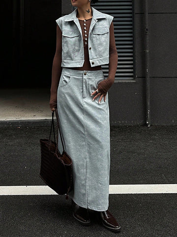 Women Front Button Pocket Blouse And PU Skirt