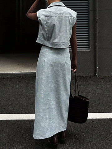 Women Front Button Pocket Blouse And PU Skirt