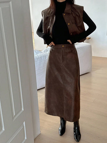 Women Front Button Pocket Blouse And PU Skirt