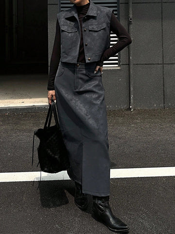 Women Front Button Pocket Blouse And PU Skirt