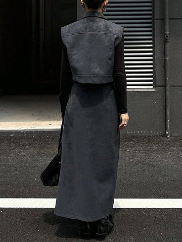 Women Front Button Pocket Blouse And PU Skirt