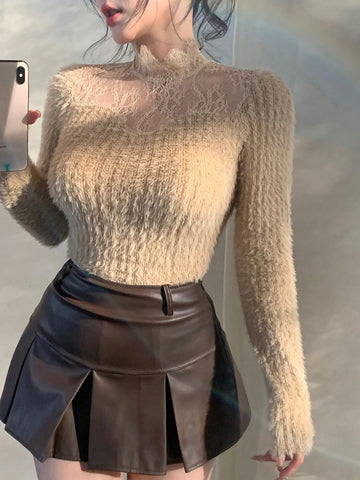 DAZY Women's Fuzzy Lace Patchwork Long Sleeve T-Shirt