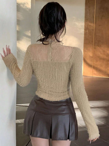 DAZY Women's Fuzzy Lace Patchwork Long Sleeve T-Shirt