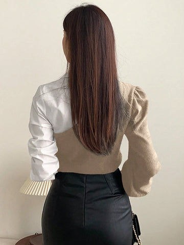 DAZY Women's Contrast Color Patchwork Shirt-Style Top