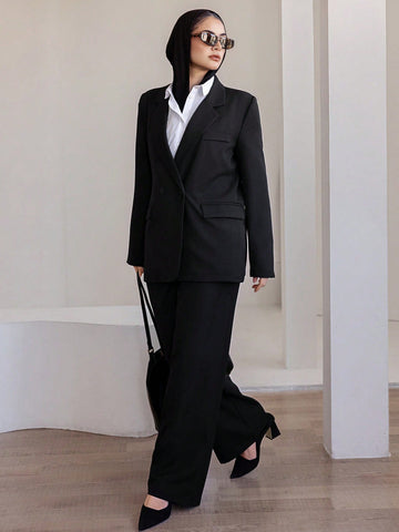 Casual Notched Collar Double-Breasted Straight Long Sleeve Jacket And Straight Long Pants