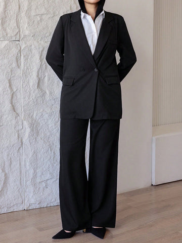 Casual Notched Collar Double-Breasted Straight Long Sleeve Jacket And Straight Long Pants