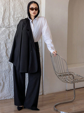 Casual Notched Collar Double-Breasted Straight Long Sleeve Jacket And Straight Long Pants