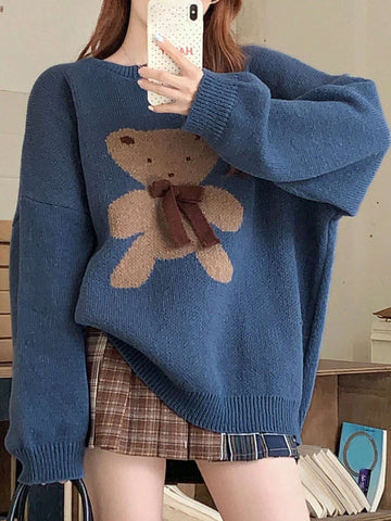 DAZY Women's Casual Crew Neck Cartoon Bear Pattern Sweater