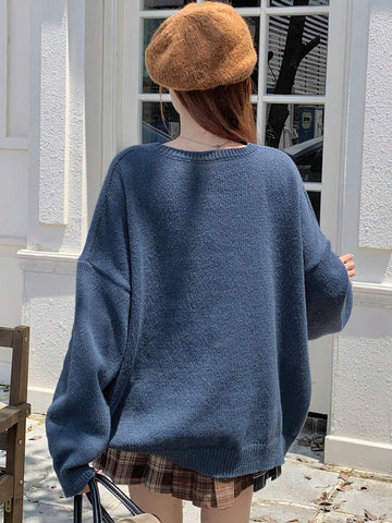 DAZY Women's Casual Crew Neck Cartoon Bear Pattern Sweater