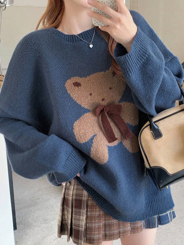 DAZY Women's Casual Crew Neck Cartoon Bear Pattern Sweater