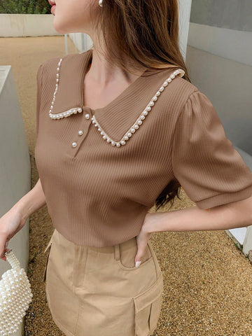 DAZY Women's Faux Pearl Edge POLO Collar Short Sleeve Casual T-Shirt