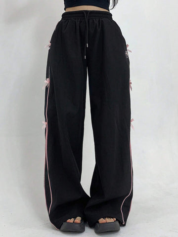 DAZY Women's Solid Color Simple Daily Pants With Bowknot Decoration
