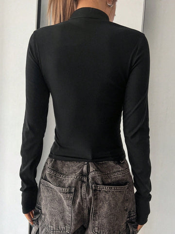 Women's Cheongsam Collar Hollow Out Slim Fit Long Sleeve T-Shirt