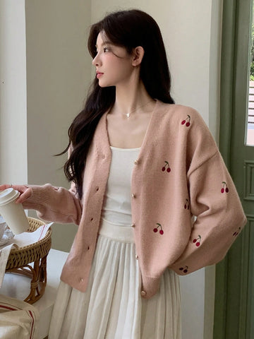 DAZY Cherry Embroidery Drop Shoulder Cardigan