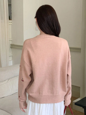 DAZY Cherry Embroidery Drop Shoulder Cardigan