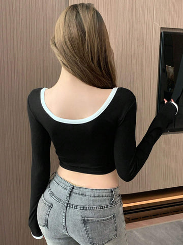 DAZY Women's Color-Block Collar & Cuff Cropped T-Shirt