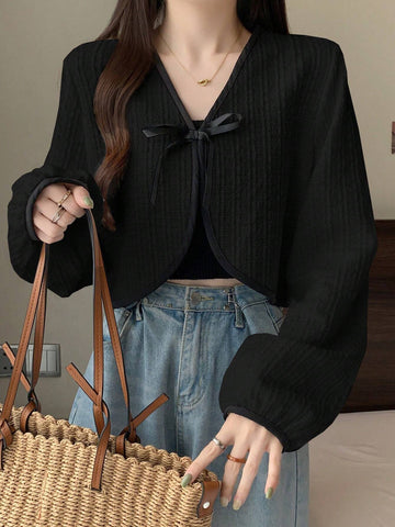 DAZY Contrast Binding Tie Front Crop Jacket
