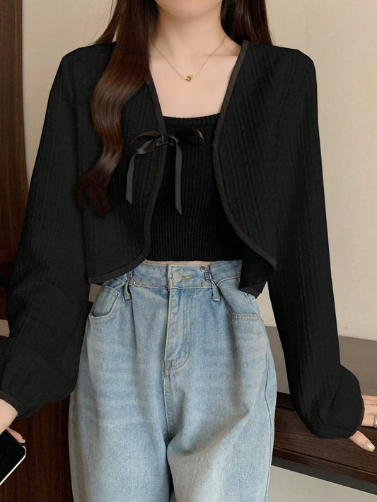 DAZY Contrast Binding Tie Front Crop Jacket