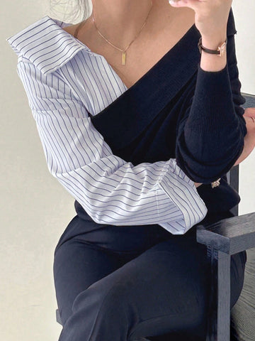 Women's Contrast Color Patchwork Asymmetrical Design Pullover Sweater