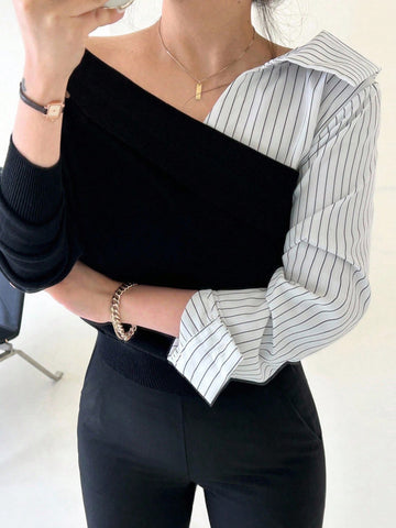 Women's Contrast Color Patchwork Asymmetrical Design Pullover Sweater