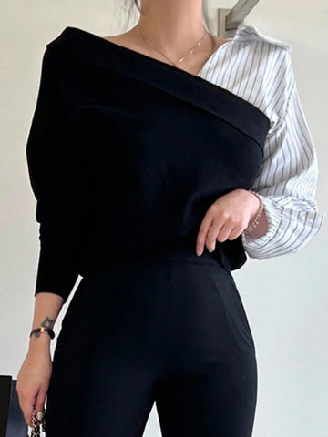 Women's Contrast Color Patchwork Asymmetrical Design Pullover Sweater