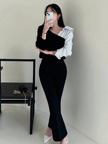 Women's Contrast Color Patchwork Asymmetrical Design Pullover Sweater