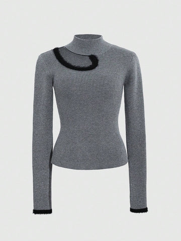 Women's Contrast Color Patchwork Hollow Out Turtleneck Sweater