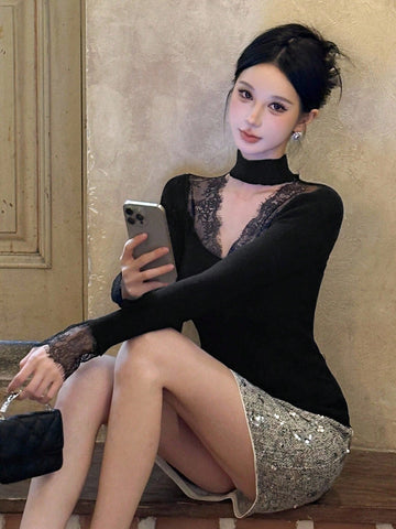 DAZY Women Lace Splice Hollow Out Slim Fit Long Sleeve Sweater