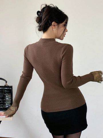 DAZY Women Lace Splice Hollow Out Slim Fit Long Sleeve Sweater