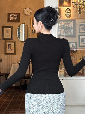 DAZY Women Lace Splice Hollow Out Slim Fit Long Sleeve Sweater