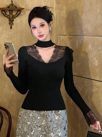 DAZY Women Lace Splice Hollow Out Slim Fit Long Sleeve Sweater