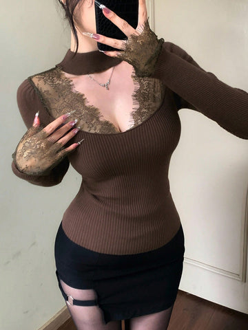 DAZY Women Lace Splice Hollow Out Slim Fit Long Sleeve Sweater