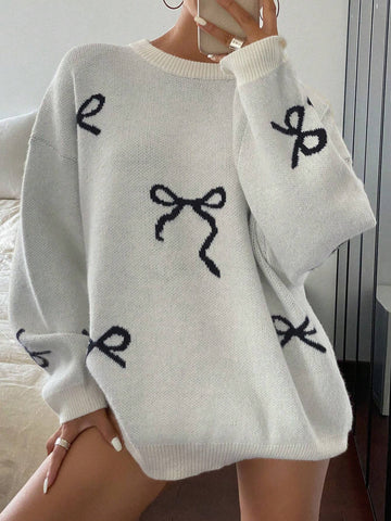 Round Neck Dropped Shoulder Loose Bow Pattern Pullover Sweater